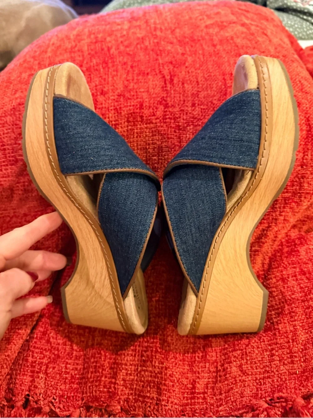 Clarks Denim Crossover Wedge Sandals with Tan Accents